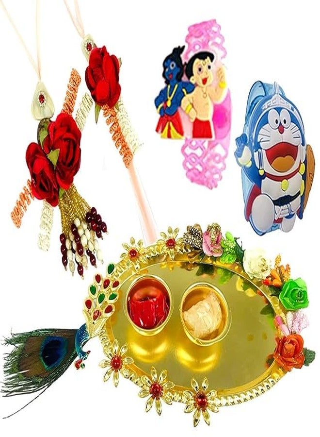 Evisha Pair Rakhi Roli Chawal Plate And 2 Kids Cartoon Character LED Rakhi For Brother And Bhabhi | Rakhi Combo-P-12-T-2LED - Image 1